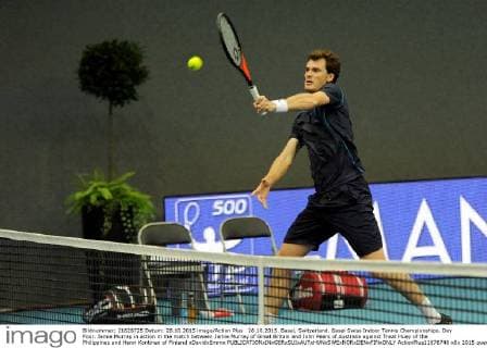 28.10.2015. Basel, Switzerland. Basel Swiss Indoor Tennis Championships. Day Four. Jamie Murray in action in the match between Jamie Murray of Great Britain and John Peers of Australia against Treat Huey of the Philippines and Henri Kontinen of Finland xDavidxEmmx  ActionPlus11676746