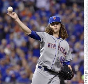 Oct. 28, 2015 - Kansas City, MO, USA - New York Mets starting pitcher Jacob deGrom throws out the Kansas City Royals Mike Moustakas at first to end the second inning during Game 2 of the World Series on Wednesday, Oct. 28, 2015, at Kauffman Stadium in Kansas City, Mo. World Series: NY Mets at Kansas City, Game 2 - ZUMAm67_