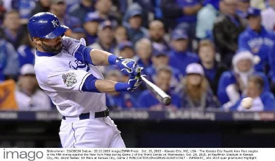 Oct. 28, 2015 - Kansas City, MO, USA - The Kansas City Royals Alex Rios singles in the fifth inning against the New York Mets during Game 2 of the World Series on Wednesday, Oct. 28, 2015, at Kauffman Stadium in Kansas City, Mo. World Series: NY Mets at Kansas City, Game 2 - ZUMAm67_