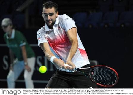 29.10.2015. Basel, Switzerland. Basel Swiss Indoor Tennis Championships. Day Five Marin Cilic in action in the match between Marin Cilic of Croatia and Teymuraz Gabashvili of Russia xDavidxEmmx  ActionPlus11676893