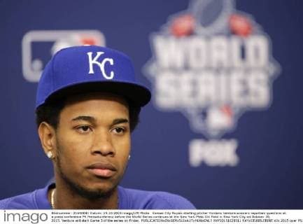 Kansas City Royals starting pitcher Yordano Ventura answers reporters questions at a press conference PK Pressekonferenz before the World Series continues at the New York Mets Citi Field in New York City on October 30, 2015. Ventura will start Game 3 of the series on Friday.  NYP20151029311 RAYxSTUBBLEBINE