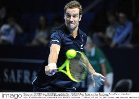 30.10.2015. Basel, Switzerland. Basel Swiss Indoor Tennis Championships. Day Six Richard Gasquet in action in the match between Richard Gasquet of France and Ivo Karlovic of Croatia xDavidxEmmx  ActionPlus11677198