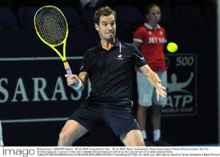 30.10.2015. Basel, Switzerland. Basel Swiss Indoor Tennis Championships. Day Six Richard Gasquet in action in the match between Richard Gasquet of France and Ivo Karlovic of Croatia xDavidxEmmx  ActionPlus11677201