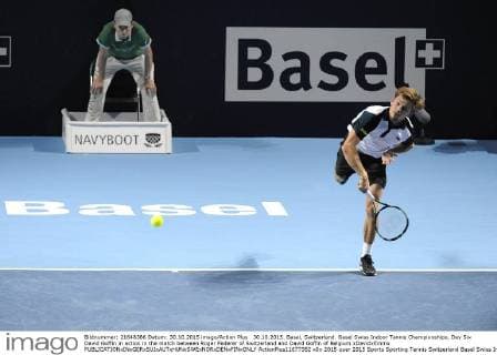 30.10.2015. Basel, Switzerland. Basel Swiss Indoor Tennis Championships. Day Six David Goffin in action in the match between Roger Federer of Switzerland and David Goffin of Belgium xDavidxEmmx  ActionPlus11677352