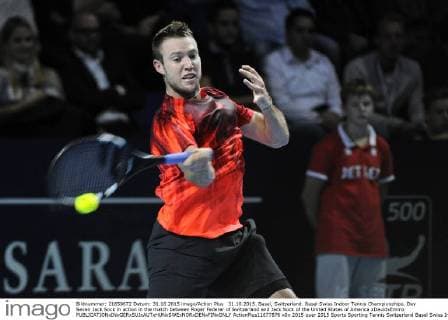 31.10.2015. Basel, Switzerland. Basel Swiss Indoor Tennis Championships. Day Seven Jack Sock in action in the match between Roger Federer of Switzerland and Jack Sock of the United States of America xDavidxEmmx  ActionPlus11677876