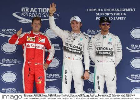 Motorsports: FIA Formula One World Championship WM Weltmeisterschaft 2015, Grand Prix of Mexico, 5 Sebastian Vettel (GER, Scuderia Ferrari), 6 Nico Rosberg (GER, Mercedes AMG Petronas Formula One Team), 44 Lewis Hamilton (GBR, Mercedes AMG Petronas Formula One Team), xHOCHxZWEIx