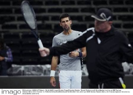 Novak Djokovic wirh Boris Becker training at BNP Paribas Masters Bercy 2015 October 31 