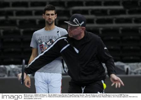 Novak Djokovic wirh Boris Becker training at BNP Paribas Masters Bercy 2015 October 31 