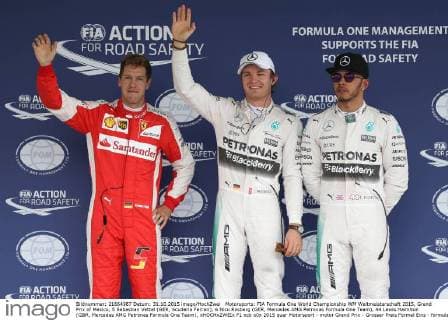 Motorsports: FIA Formula One World Championship WM Weltmeisterschaft 2015, Grand Prix of Mexico, 5 Sebastian Vettel (GER, Scuderia Ferrari), 6 Nico Rosberg (GER, Mercedes AMG Petronas Formula One Team), 44 Lewis Hamilton (GBR, Mercedes AMG Petronas Formula One Team), xHOCHxZWEIx
