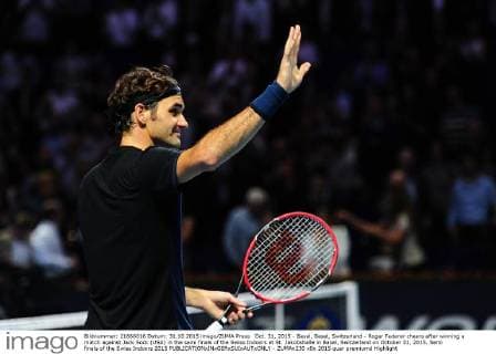 Oct. 31, 2015 - Basel, Basel, Switzerland - Roger Federer cheers after winning a match against Jack Sock (USA) in the semi finals of the Swiss Indoors at St. Jakobshalle in Basel, Switzerland on October 31, 2015. Semi finals of the Swiss Indoors 2015  - ZUMAn230