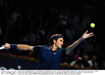 Oct. 31, 2015 - Basel, Basel, Switzerland - Roger Federer serves during a match against Jack Sock (USA) in the semi finals of the Swiss Indoors at St. Jakobshalle in Basel, Switzerland on October 31, 2015. Semi finals of the Swiss Indoors 2015  - ZUMAn230