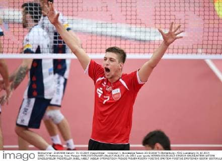 Volleyball 1. Bundesliga Saison 2015 2016 TV Rottenburg - SVG Lueneburg 31.10.2015 JUBEL TV Rottenburg; Sven Metzger 
