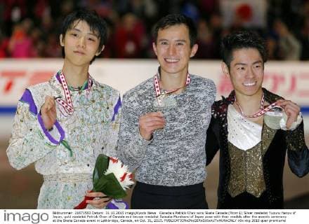 Canada s Patrick Chan wins Skate Canada (From L) Silver medalist Yuzuru Hanyu of Japan, gold medalist Patrick Chan of Canada and bronze medalist Daisuke Murakami of Japan pose with their medals after the awards ceremony at the Skate Canada event in Lethbridge, Canada, on Oct. 31, 2015. 