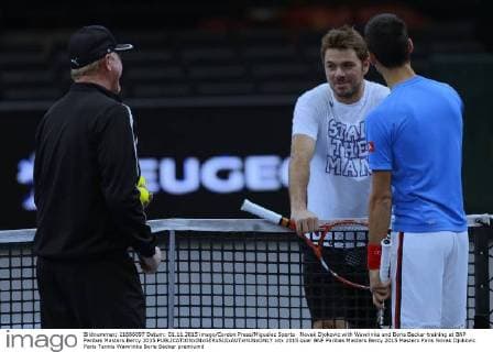 Novak Djokovic with Wawrinka and Boris Becker training at BNP Paribas Masters Bercy 2015 