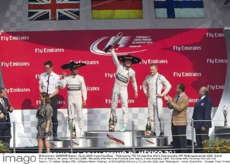 Motorsports: FIA Formula One World Championship WM Weltmeisterschaft 2015, Grand Prix of Mexico, 44 Lewis Hamilton (GBR, Mercedes AMG Petronas Formula One Team), 6 Nico Rosberg (GER, Mercedes AMG Petronas Formula One Team), 77 Valtteri Bottas (FIN, Williams Martini Racing), xHOCHxZWEIx