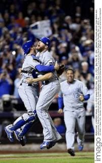 Nov. 1, 2015 - New York, NY, USA - Kansas City Royals catcher Drew Butera and relief pitcher Wade Davis celebrate after the Royals defeated the New York Mets 7-2 to win the World Series on Sunday, Nov. 1, 2015, at Citi Field in New York. Kansas City Royals at New York Mets - ZUMAm67_
