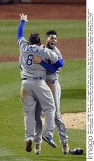 Nov. 1, 2015 - New York, NY, USA - Kansas City Royals first baseman Eric Hosmer and third baseman Mike Moustakas celebrate after the Royals defeated the New York Met 7-2 to win the World Series on Sunday, Nov. 1, 2015, at Citi Field in New York. Kansas City Royals at New York Mets - ZUMAm67_