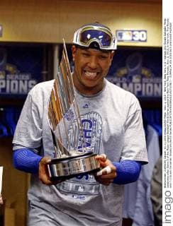 Nov. 1, 2015 - New York, New York, U.S - Kansas City Royals Salvador Perez celebrates after Game 5 of the Major League Baseball World Series against the New York Mets Monday, Nov. 2, 2015, in New York. The Royals won 7-2 to win the series. Royals win World Series - ZUMAp124