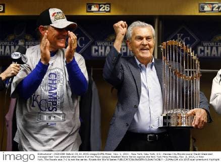 Nov. 1, 2015 - New York, New York, U.S - Kansas City Royals owner David Glass and manager Ned Yost celebrate after Game 5 of the Major League Baseball World Series against the New York Mets Monday, Nov. 2, 2015, in New York. The Royals won 7-2 to win the series. Royals win World Series - ZUMAp124
