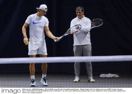 Rafael Nadal with Toni Nadal training at BNP Paribas Masters Bercy 2015 