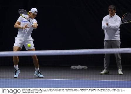 Rafael Nadal with Toni Nadal training at BNP Paribas Masters Bercy 2015 