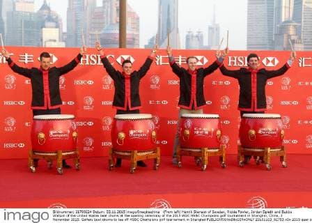 (From left) Henrik Stenson of Sweden, Rickie Fowler, Jordan Spieth and Bubba Watson of the United States beat drums at the opening ceremony of the 2015 WGC HSBC Champions golf tournament in Shanghai, China, 3 November 2015. Golfers beat drums to tee off HSBC Champions golf tournament in Shanghai  20151103_82753
