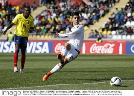 Football, Ecuador v Mexico. U 17, Chile World Cup. Mexico s player, Claudio Zamudio, right, scores against Ecuador during the Under 17 Chile World Cup at the Francisco Sanchez Rumoroso stadium in Coquimbo, Chile. 02 11 2015 