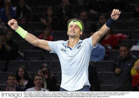 David Ferrer of Spain reacts after winning his BNP Paribas Masters second round match against Alexandr Dolgopolov of Ukraine in Paris on November 3, 2015. Ferrer defeated Dolgopolov 6-2, 6-2 to advance to the third round.  PAR20151103714 DAVIDxSILPA