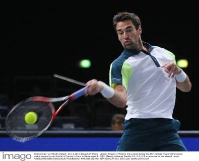 Jeremy Chardy of France hits a shot during his BNP Paribas Masters first round match against Lucas Pouille of France in Paris on November 3, 2015. Chardy defeated Pouille 3-6, 6-3, 6-2 to advance to the second round.  PAR20151103723 DAVIDxSILPA