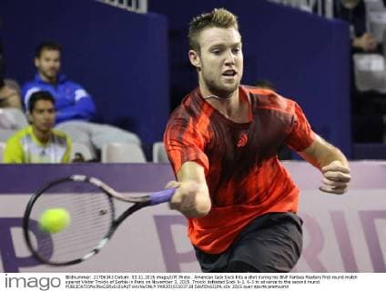 American Jack Sock hits a shot during his BNP Paribas Masters first round match against Viktor Troicki of Serbia in Paris on November 3, 2015. Troicki defeated Sock 6-2, 6-3 to advance to the second round.  PAR20151103728 DAVIDxSILPA