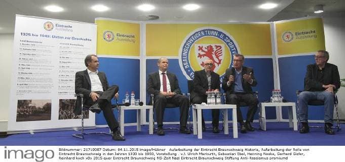Aufarbeitung der Eintracht Braunschweig Historie, Aufarbeitung der Rolle von Eintracht Braunschweig in den Jahren 1930 bis 1950, Vorstellung . v.l. Ulrich Markurth, Sebastian Ebel, Henning Noske, Gerhard Gizler, Reinhard koch