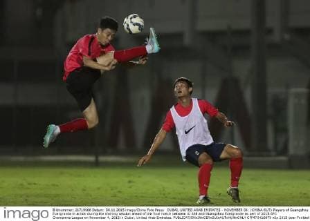 DUBAI, UNITED ARAB EMIRATES - NOVEMBER 04: (CHINA OUT) Players of Guangzhou Evergrande in action during the training session ahead of the final match between Al Ahli and Guangzhou Evergrande as part of 2015 AFC Champions League on November 4, 2015 in Dubai, United Arab Emirates.  CFP475416879 