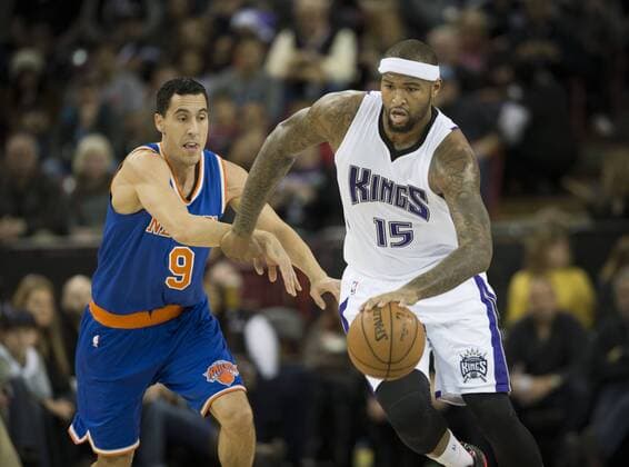 Dec. 27, 2014 - Sacramento, CA, USA - Sacramento Kings center DeMarcus Cousins (15) runs down court after a rebound as he s defended by New York Knicks guard Pablo Prigioni (9) on Saturday, Dec. 27, 2014. Sacramento California News - Dec. 27, 2014 - ZUMAs76_