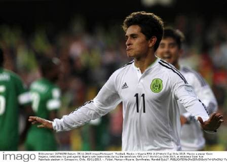 Football, Mexico v Nigeria FIFA U-17 World Cup Chile 2015. Mexico s player Kevin Magana, celebrates his goal against Nigeria with teammates during the semifinals FIFA U-17 World Cup Chile 2015, at alcaldesa Ester Roa Rebolledo stadium in Concepcion, Chile. 05 11 2015. -. Fútbol, Mexico v Nigeria. Semifinales, Mundial Sub17. 