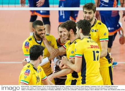 Ljubljana 05.11.2015, Arena Stozice, Ljubljana, SLO, CEV Volleyball Champions League, ACH Volley vs Modena Volley, im Bild Earvin Ngapeth of Modena, Bruno Mossa De Rezende of Modena, Salvatore Rossini of Modena, Luca Vettori of Modena and Lucas Saatkamp of Modena celebrate during CEV Volleyball Champions League match between ACH Volley and Modena Volley at the Arena Stozice in Ljubljana, Slovenia on 2015 11 05.  EX_PON  