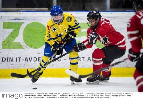 Eishockey, Damen, Länderspiel, Schweden - Kanada in Sundsvall Lisa Johansson, Kanadas Blayre Turnbull - Eishockey Damen, Länderspiel Schweden vs. Kanada.  Copyright: NilsxJakobsson BB151107NJ005