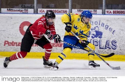 Eishockey, Damen, Länderspiel, Schweden - Kanada in Sundsvall 151107 Kanadas Sarah Potomak och Sveriges Emma Nordin under ishockeymatchen mellan Sverige och Kanada den 7 november 2015 i Sundsvall.  Copyright: NilsxJakobsson BB151107NJ008