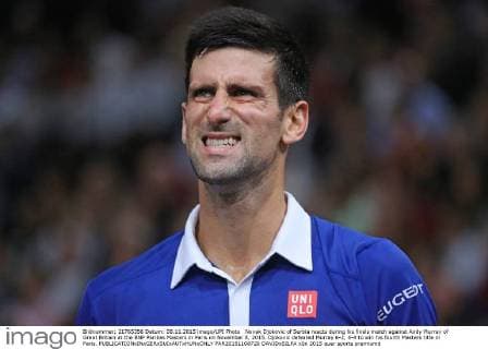 Novak Djokovic of Serbia reacts during his finals match against Andy Murray of Great Britain at the BNP Paribas Masters in Paris on November 8, 2015. Djokovic defeated Murray 6-2, 6-4 to win his fourth Masters title in Paris.  PAR20151108720 DAVIDxSILPA