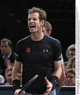 Andy Murray of Great Britain reacts during his finals match against Novak Djokovic of Serbia at the BNP Paribas Masters in Paris on November 8, 2015. Djokovic defeated Murray 6-2, 6-4 to win his fourth Masters title in Paris.  PAR20151108726 DAVIDxSILPA
