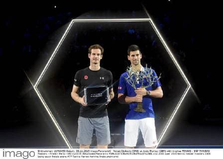 Novak Djokovic (SRB) et Andy Murray (GBR) with trophee TENNIS : BNP PARIBAS Masters - Finale - Paris - 08 11 2015 JBAutissier Panoramic 