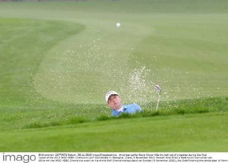 American golfer Kevin Kisner hits the ball out of a bunker during the final round of the 2015 WGC-HSBC Champions golf tournament in Shanghai, China, 8 November 2015. Russell Knox fired a final round four-under-par 68 to win the WGC-HSBC Champions event on his World Golf Championships debut on Sunday (8 November 2015), the Scot finishing two shots clear of Kevin Kisner at the Sheshan International Golf Club. The only player not to complete his third round in fading light on Saturday, Knox returned to the course early on Sunday and birdied the par-five 18th to join American Kisner at the top of the leaderboard after 54 holes. The 30-year-old then used some supreme wedge play to offset two bogeys with six birdies on his way to a 20-under 268 total to become the first Scot to win a WGC event and also the first debutant to claim victory since Jeff Maggert in 1999. Knox springs Shanghai surprise for maiden WGC win  pbu358008_35