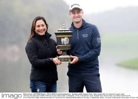 Scottish golfer Russell Knox, right, poses with his champion trophy after winning the 2015 WGC-HSBC Champions golf tournament in Shanghai, China, 8 November 2015. Russell Knox fired a final round four-under-par 68 to win the WGC-HSBC Champions event on his World Golf Championships debut on Sunday (8 November 2015), the Scot finishing two shots clear of Kevin Kisner at the Sheshan International Golf Club. The only player not to complete his third round in fading light on Saturday, Knox returned to the course early on Sunday and birdied the par-five 18th to join American Kisner at the top of the leaderboard after 54 holes. The 30-year-old then used some supreme wedge play to offset two bogeys with six birdies on his way to a 20-under 268 total to become the first Scot to win a WGC event and also the first debutant to claim victory since Jeff Maggert in 1999. Knox springs Shanghai surprise for maiden WGC win  pbu358008_84