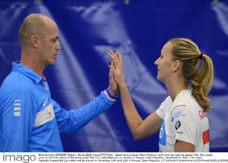 Czech tennis player Petra Kvitova (right) and non playing captain Petr Pala speak prior to the final match of the world group Fed Cup Czech Republic vs. Russia, in Prague, Czech Republic, November 9, 2015. The Czech Republic-Russia Fed Cup match will be played on November 14th and 15th in Prague, Czech Republic. (CTKxPhoto MichalxKamaryt) CTKPhotoP201511090408401  kmt 1