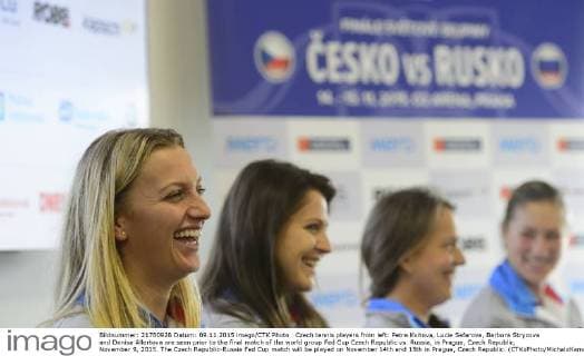 Czech tennis players from left: Petra Kvitova, Lucie Safarova, Barbora Strycova and Denisa Allertova are seen prior to the final match of the world group Fed Cup Czech Republic vs. Russia, in Prague, Czech Republic, November 9, 2015. The Czech Republic-Russia Fed Cup match will be played on November 14th and 15th in Prague, Czech Republic. (CTKxPhoto MichalxKamaryt) CTKPhotoP201511090479501  kmt 4