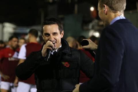 Club owner Gary Neville jokes around with a TV microphone - Salford City vs Notts County - The Emirates FA Cup - Moor Lane - Manchester - 06 11 2015 Pic Philip Oldham SportImage EDITORIAL USE ONLY. No use with unauthorised audio, video, data, fixture lists, club league logos or live services. Online in-match use limited to 120 images, no video emulation. No use in betting, games or single club league player publications.