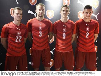 Czech soccer representation team - players from left Vladimir Darida, Vaclav Kadlec, Borek Dockal, Pavel Kaderabek present their new jerseys in Prague, Czech Republic, on November 9, 2015. (CTKxPhoto RomanxVondrous) CTKPhotoP201511090763001  vnd 1