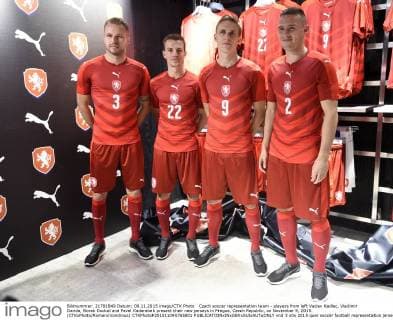 Czech soccer representation team - players from left Vaclav Kadlec, Vladimir Darida, Borek Dockal and Pavel Kaderabek present their new jerseys in Prague, Czech Republic, on November 9, 2015. (CTKxPhoto RomanxVondrous) CTKPhotoP201511090765801  vnd 3