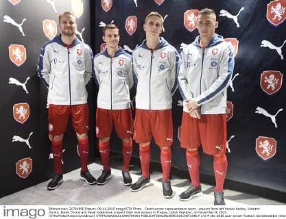 Czech soccer representation team - players from left Vaclav Kadlec, Vladimir Darida, Borek Dockal and Pavel Kaderabek present their new jerseys in Prague, Czech Republic, on November 9, 2015. (CTKxPhoto RomanxVondrous) CTKPhotoP201511090769301  vnd 4