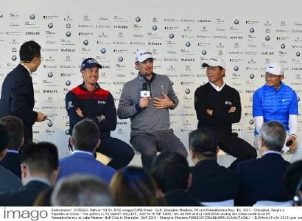 Golf, Shanghai Masters, PK und Pressetermin Nov. 10, 2015 - Shanghai, People s Republic of China - The golfers (L-R) DANNY WILLETT, JUSTIN PETER ROSE, WU ASHUN and LI HAOTONG during the press conference PK Pressekonferenz at Lake Malaren Golf Club in Shanghai. Golf 2015 - Shanghai Masters  - ZUMAm119