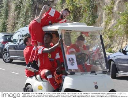 SOCCER - AUT vs SUI, friendly match, preview ALICANTE,SPAIN,10.NOV.15 - SOCCER - OEFB international match Länderspiel Austria vs Switzerland, friendly match, preview, team training camp, training team AUT. Image shows Markus Suttner, Jakob Jantscher, David Alaba and Marko Arnautovic (AUT). GEPAxpictures xChristianxOrt